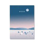 Illustrazione minimalista di un astronauta sulla superficie lunare con la luna piena e un cielo sfumato al tramonto.