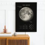 Poster decorativo con immagine dettagliata della Luna, ideale per appassionati di astronomia e decorazioni scientifiche, perfetto per abbellire ambienti con stile spaziale.