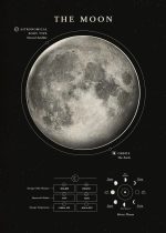 Immagine dettagliata della Luna, il satellite naturale della Terra, con informazioni su orbite, diametro e fasi lunari, ideale per decorazioni scientifiche e oggetti a tema spaziale.