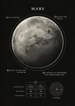 Immagine dettagliata di Marte con informazioni su dimensioni, atmosfera e sistema solare, ideale per appassionati di scienza e decorazioni scientifiche.