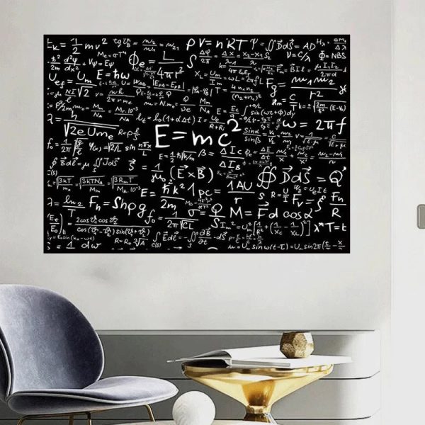 Pannello decorativo con equazioni e simboli scientifici, ideale per ambienti di studio o laboratorio.