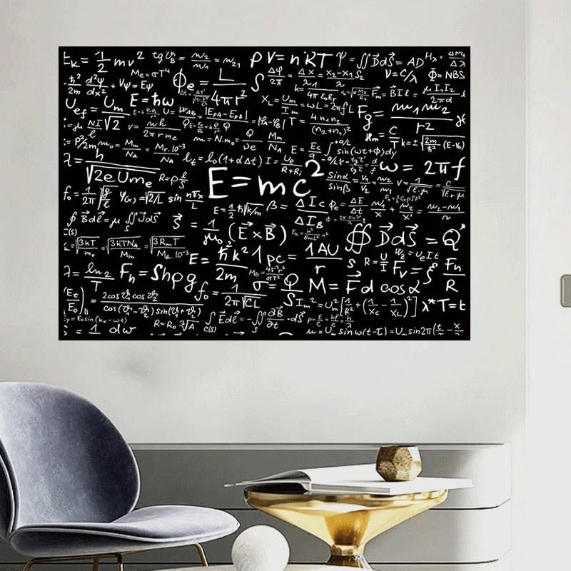 Pannello decorativo con equazioni e simboli scientifici, ideale per ambienti di studio o laboratorio.