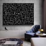 Lavagna nera con formule di fisica e matematica, decorazione scientifica moderna per ambienti educativi o studi di ricerca.