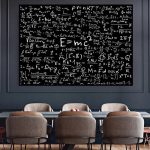 Lavagna con formule scientifiche e matematiche, ideale per decorazioni educative e scientifiche.