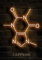 Rappresentazione luminosa della molecola di caffeina con struttura chimica evidenziata, illuminata su sfondo di mattoni scuri, ideale come decorazione scientifica moderna.