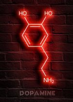Neon art rappresentante la struttura chimica della dopamina, con etichette luminose per gli gruppi funzionali OH e NH2, su sfondo di mattoni rossi.