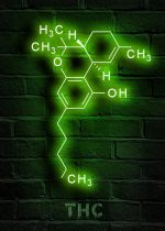 Rappresentazione luminosa del composto chimico THC in neon verde su parete di mattoni, evidenziando la sua struttura molecolare. Perfetto come decorazione scientifica originale e moderna.