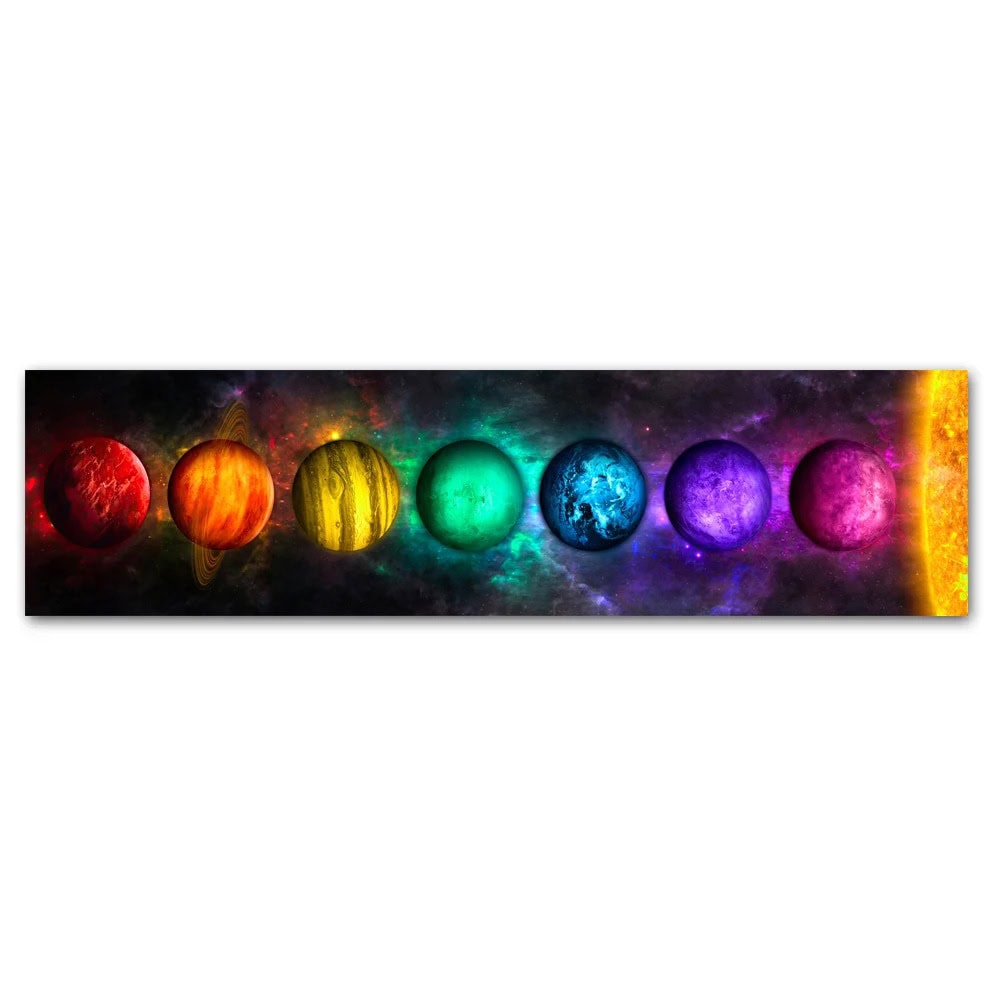 Rappresentazione artistica dei pianeti del Sistema Solare con colori vivaci e dettagli cosmici, ideale come decorazione scientifica per ambienti educativi o scientifici.