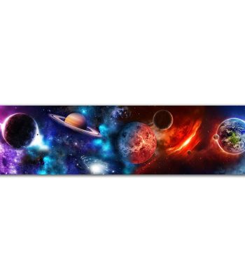 Sistema solare con pianeti, stelle e galassie in un'illustrazione spaziale vibrante e dettagliata.