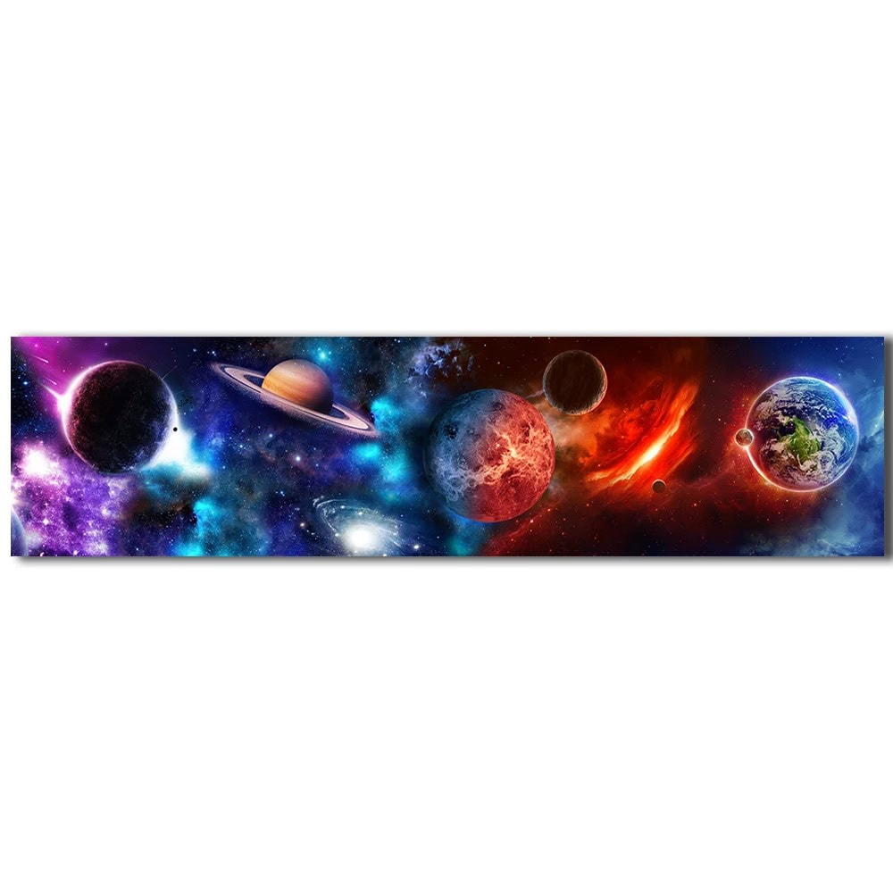 Sistema solare con pianeti, stelle e galassie in un'illustrazione spaziale vibrante e dettagliata.