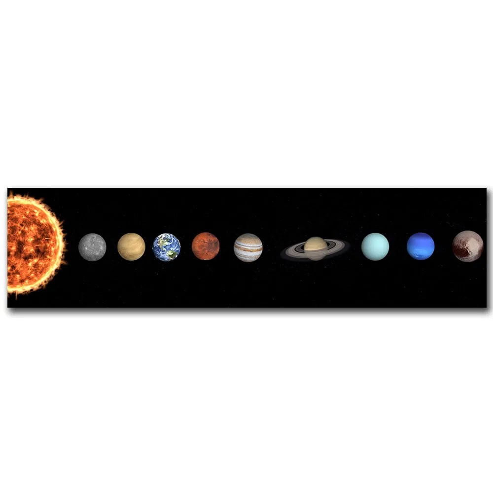 Rappresentazione artistica del sistema solare con i pianeti e il Sole, evidenziando la loro disposizione nello spazio.