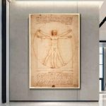 Disegno di Leonardo da Vinci con figura umana in posizione di Vitruvio, dettagli tecnici e appunti scritti a mano, esposto in un ambiente moderno.