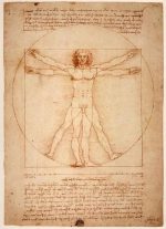 Disegno di Leonardo da Vinci dell'Uomo Vitruviano, rappresentazione delle proporzioni umane perfette, simbolo di arte e scienza rinascimentale.