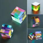 Cubi di cristallo colorati con effetti di luce e riflessi, perfetti come decorazioni scientifiche e oggetti da collezione. Design moderno e trasparente, ideali per appassionati di scienza e decorazion.