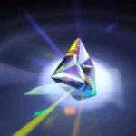 Cristallo di cristallo colorato e riflettente con riflessi di luce multicolore, posizionato su una superficie scura con effetti di luce e ombre.