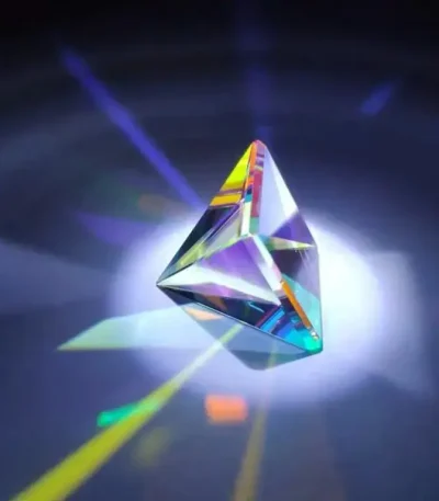 Cristallo di cristallo colorato e riflettente con riflessi di luce multicolore, posizionato su una superficie scura con effetti di luce e ombre.