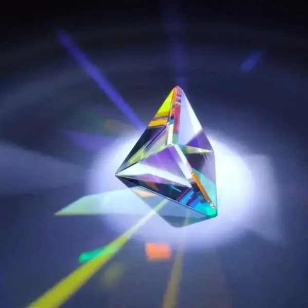 Cristallo di cristallo colorato e riflettente con riflessi di luce multicolore, posizionato su una superficie scura con effetti di luce e ombre.