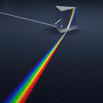 Raggio di luce che attraversa un cubo di vetro, creando un arcobaleno di dispersione sulla superficie scura.