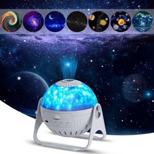 Proiettore LED a forma di sfera con tema spaziale, ideale per decorazioni scientifiche e ambienti educativi, con effetti luminosi che riproducono il cielo stellato e i pianeti.