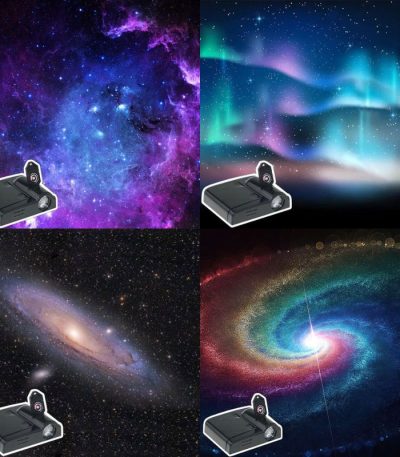 Proiezione di immagini di galassie e nebulose nello spazio, ideale come decorazione scientifica per ambienti educativi o di design.
