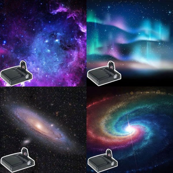 Proiezione di immagini di galassie e nebulose nello spazio, ideale come decorazione scientifica per ambienti educativi o di design.
