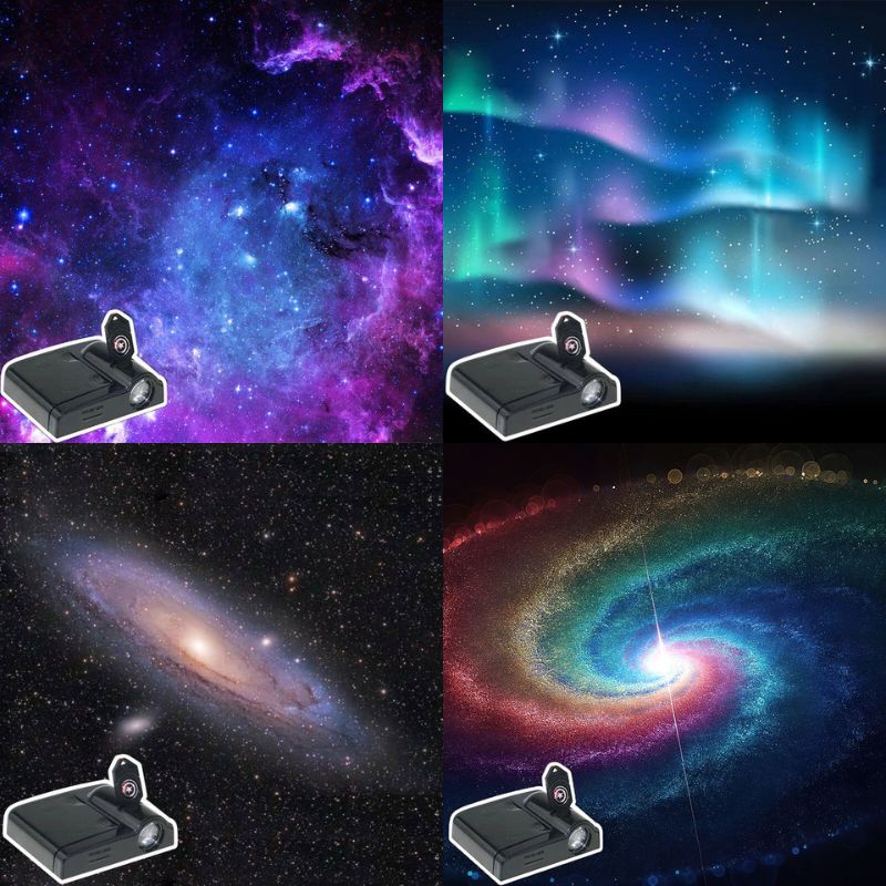 Proiezione di immagini di galassie e nebulose nello spazio, ideale come decorazione scientifica per ambienti educativi o di design.