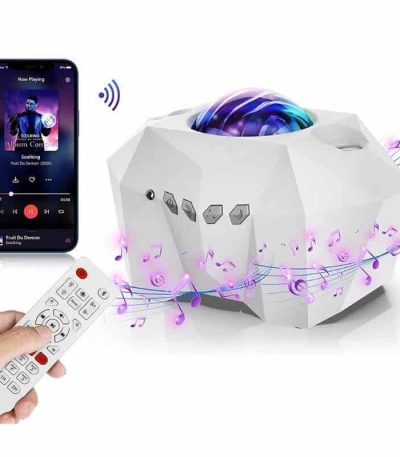 Dispositivo scientifico con proiettore, altoparlante e telecomando, che riproduce musica e luci colorate, ideale come decorazione educativa e interattiva per ambienti scientifici o educativi.