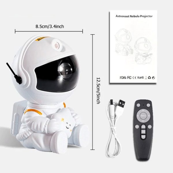 Figura di un astronauta giocattolo con casco, telecomando, cavo USB e manuale, ideale come decorazione scientifica o regalo educativo per appassionati di spazio.