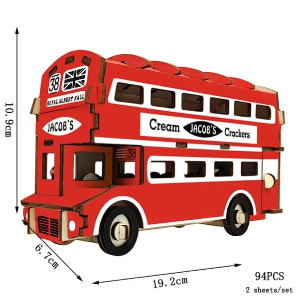 Modello di autobus londinese in legno 3D, decorazione scientifica e oggetto da collezione, dettagli realistici, dimensioni 19.2x6.7x10.9 cm, 94 pezzi.