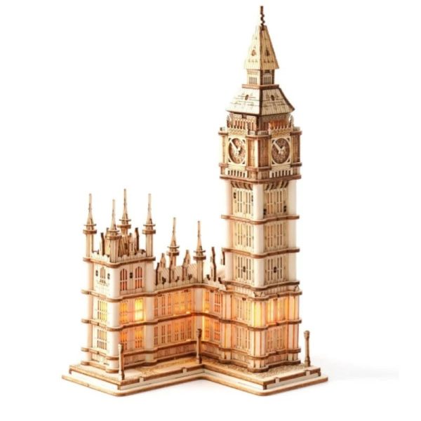 Modello in legno di Big Ben, iconico orologio di Londra, perfetto come decorazione scientifica o oggetto da collezione.
