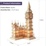 Big Ben in legno, modello decorativo dettagliato, perfetto come oggetto scientifico o decorativo. Struttura in legno con dimensioni di 4x4x7.5 pollici, rappresenta il famoso orologio di Londra.