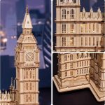 Modello in legno del Big Ben di Londra, dettagliato e realistico, perfetto come decorazione scientifica o oggetto da collezione.