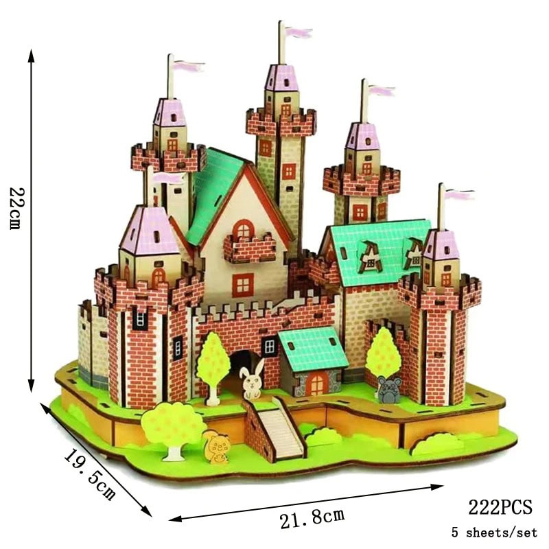 Castello in Legno con Torri e Finestra Castello in legno con torri, finestre e dettagli decorativi, ideale come oggetto scientifico e decorativo per ambienti educativi e creativi.