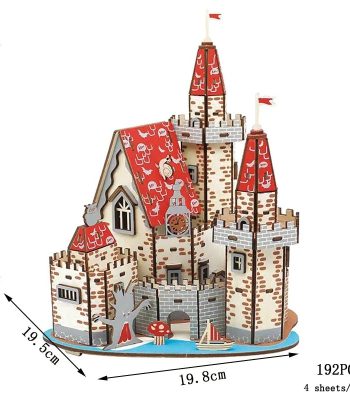 Castello di legno decorativo con torri e bandiere, modello 3D per bambini e collezionisti.