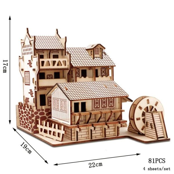 Modello di castello in legno con ruota dentata, perfetto come decorazione scientifica o giocattolo educativo, altezza di 17 cm, dimensioni 22x19 cm, composto da 81 pezzi.