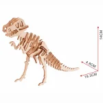Modello di dinosauro T-Rex in legno 3D, perfetto come decorazione scientifica o giocattolo educativo, con dimensioni di 14 cm di altezza, 19,3 cm di lunghezza e 4,8 cm di larghezza.