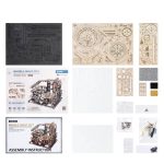 Pannello di circuiti stampati e kit di montaggio per oggetti scientifici e decorazioni, con dettagli di ingranaggi e componenti elettronici.