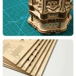 Modello di torre di legno 3D, perfetto per decorazioni scientifiche e progetti educativi, realizzato con precisione e dettagliata lavorazione in legno naturale.
