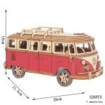 Modello di bus vintage in legno, decorazione scientifica e oggetto da collezione, con dettagli realistici e dimensioni di circa 29x11,5x14 cm, perfetto come decorazione o regalo.