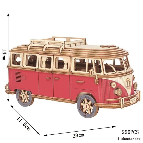 Modello di bus vintage in legno, decorazione scientifica e oggetto da collezione, con dettagli realistici e dimensioni di circa 29x11,5x14 cm, perfetto come decorazione o regalo.