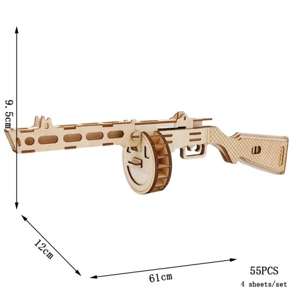 Fucile di legno per bambini, giocattolo educativo e decorativo, dimensioni 61x12x9,5 cm, 55 pezzi, set di 4 fogli.