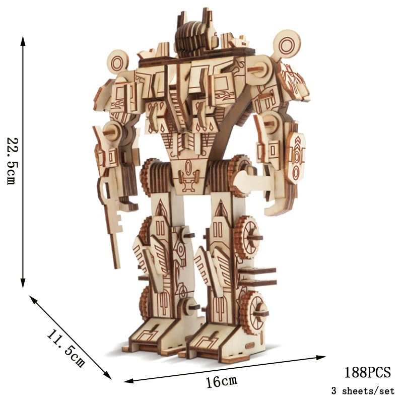 Oggetto robot in legno 3D Robot in legno 3D, decorazione scientifica e oggetto da collezione, alto 22,5 cm, realizzato con 188 pezzi, perfetto per appassionati di scienza e tecnologia.
