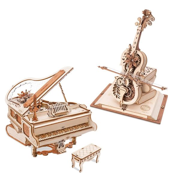 Pianoforte e violino in legno, modelli decorativi e didattici, perfetti come oggetti scientifici e decorazioni per appassionati di musica e scienza.