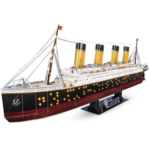 Modello in miniatura della nave Titanic con luci LED, perfetto come decorazione scientifica o oggetto da collezione, dettagliato e realistico.