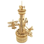 Modello in legno di un pianeta Terra con dettagli di astronavi e satelliti, perfetto come decorazione scientifica educativa e originale.