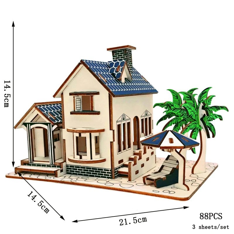 Casa in miniatura con palme e area relax, decorazione scientifica educativa, oggetto decorativo per appassionati di scienza e natura, perfetto come regalo originale e originale. Puzzle 3D Villa - immagine 1