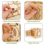 Modello di scatola di legno con meccanismi di ingranaggi e slot per monete, ideale come decorazione scientifica o oggetto interattivo educativo.