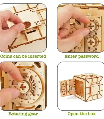 Modello di scatola di legno con meccanismi di ingranaggi e slot per monete, ideale come decorazione scientifica o oggetto interattivo educativo.