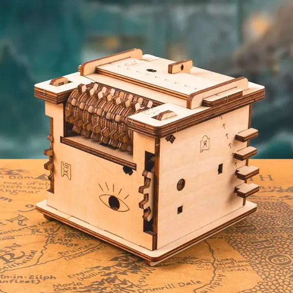 Oggetto scientifico in legno con dettagli di un occhio e ruote, decorativo e educativo, perfetto per appassionati di scienza e decorazioni originali.