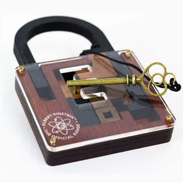 Pendente decorativo a forma di lucchetto con chiave di Einstein, simbolo di scienza e ingegno, perfetto come oggetto decorativo o regalo a tema scientifico.